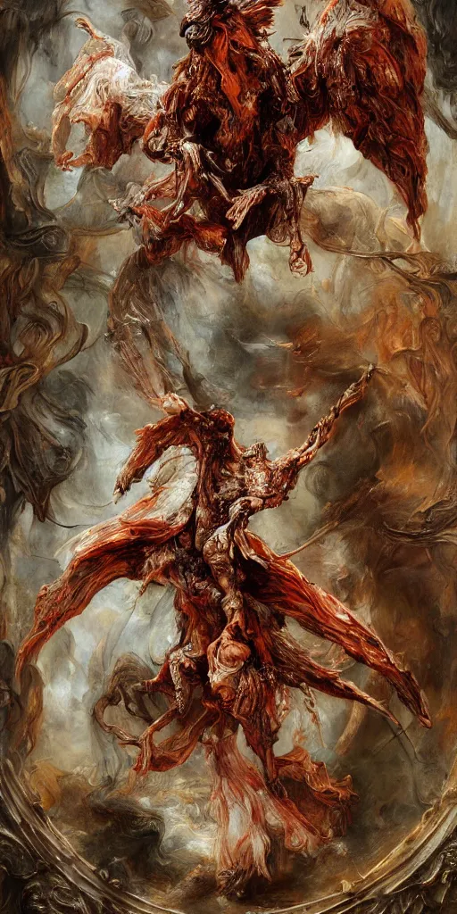 Prompt: breathtaking detailed soft painting of a flight of birds in demon armor in wilk veils, by guillermo lorca, a liquid white water splash in bleeding meat and flesh, dynamic pose and movement, in an intricate art nouveau stained glass of meat, rembrandt style, elegant, highly detailed, artstation, concept art, matte, sharp focus,