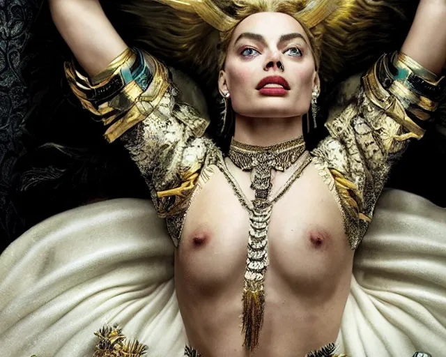 Image similar to Margot robbie as a goddess in heaven, Photography, Cinematic, Portrait, insanely detailed and intricate, hypermaximalist, elegant, ornate, hyper realistic, super detailed