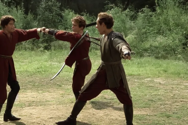 Prompt: valmont sword fighting scene from film