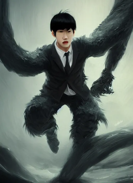 Image similar to a highly detailed illustration of korean man with bowl cut black hair wearing tie with giant black claws, wielding giant black fog claws pose, yellow eyes, tired expression, foggy black mist surrounding background, intricate, elegant, highly detailed, centered, digital painting, artstation, concept art, smooth, sharp focus, league of legends concept art, wlop.