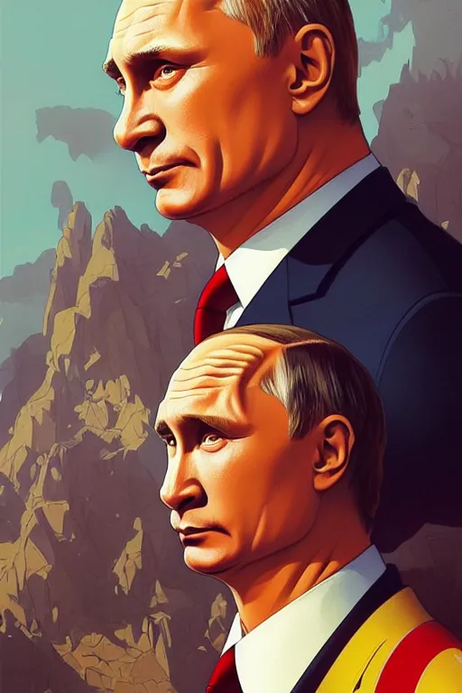 Image similar to vladimir putin as a simpsons character, 2 d portrait, symmetrical, highly detailed, digital painting, artstation, concept art, smooth, sharp focus, illustration, cinematic lighting, art by artgerm and greg rutkowski and alphonse mucha