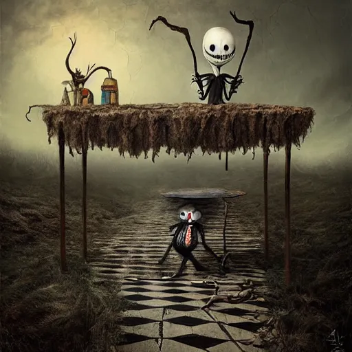 Image similar to michal karcz surrealism drawing of the end of the road. , in the style of jack skellington, in the style of a clown, loony toons style, horror theme, detailed, elegant, intricate, 4k, Renaissance painting