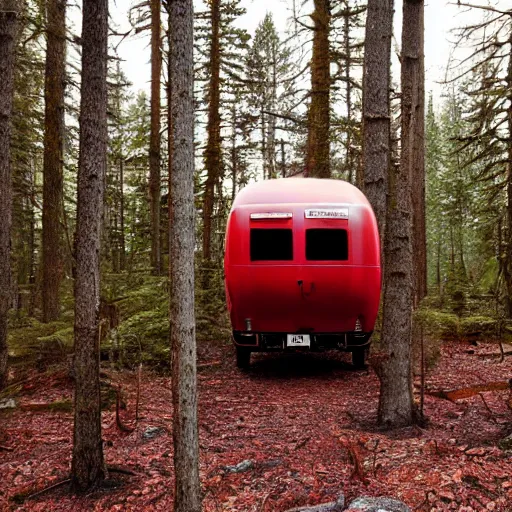 Image similar to a metal camper in a forest clearing, pillar of red light visible in background