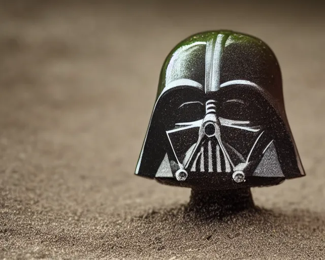 Prompt: 8 5 mm food photography of darth vader made of sand near a garden with dof and bokeh and flowers o