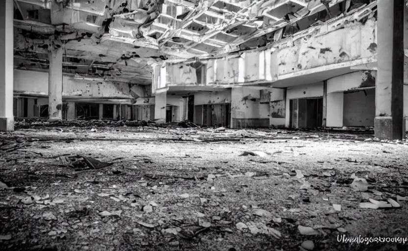 Prompt: a wolf in an abandoned mall, urbex photography