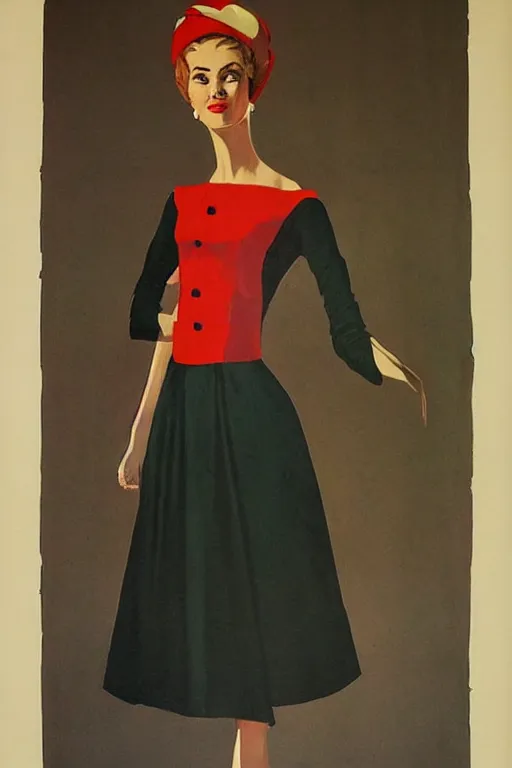 Image similar to beautiful slim and shapely young woman, elegant look, peasant dress, 1960\'s soviet propaganda art