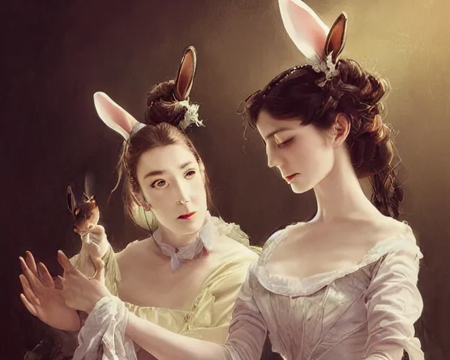 Image similar to victorian dancers with bunny ears and silk cloth and long hair, magnificent, close up, details, sharp focus, elegant, highly detailed, illustration, by Jordan Grimmer and greg rutkowski and PiNe(パイネ) and 薯子Imoko and 香川悠作 and wlop and maya takamura, intricate, beautiful, Trending artstation, pixiv, digital Art