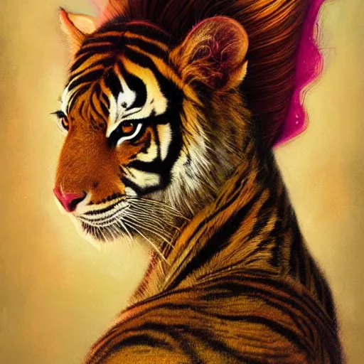 Image similar to side portrait of a beautiful Desi queen of tigers, pink and gold, by Anato Finnstark, Tom Bagshaw, Brom