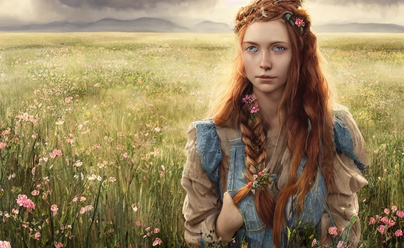 Prompt: a beautiful country woman named Savannah Savage, innocent, sad blue eyes, freckles, long ginger hair in a messy braid, thoughtful in a field of flowers on a farm, gentle lighting, innocent mood, storm in the distance, somber, western clothing, dress,digital art by Makoto Shinkai ilya kuvshinov and Wojtek Fus, digital art, concept art,