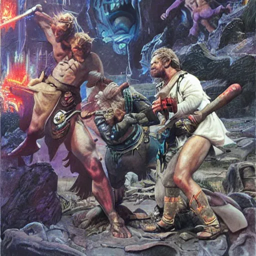 Prompt: two barbarians posing over a defeated monster, detailed poster by Drew Struzan