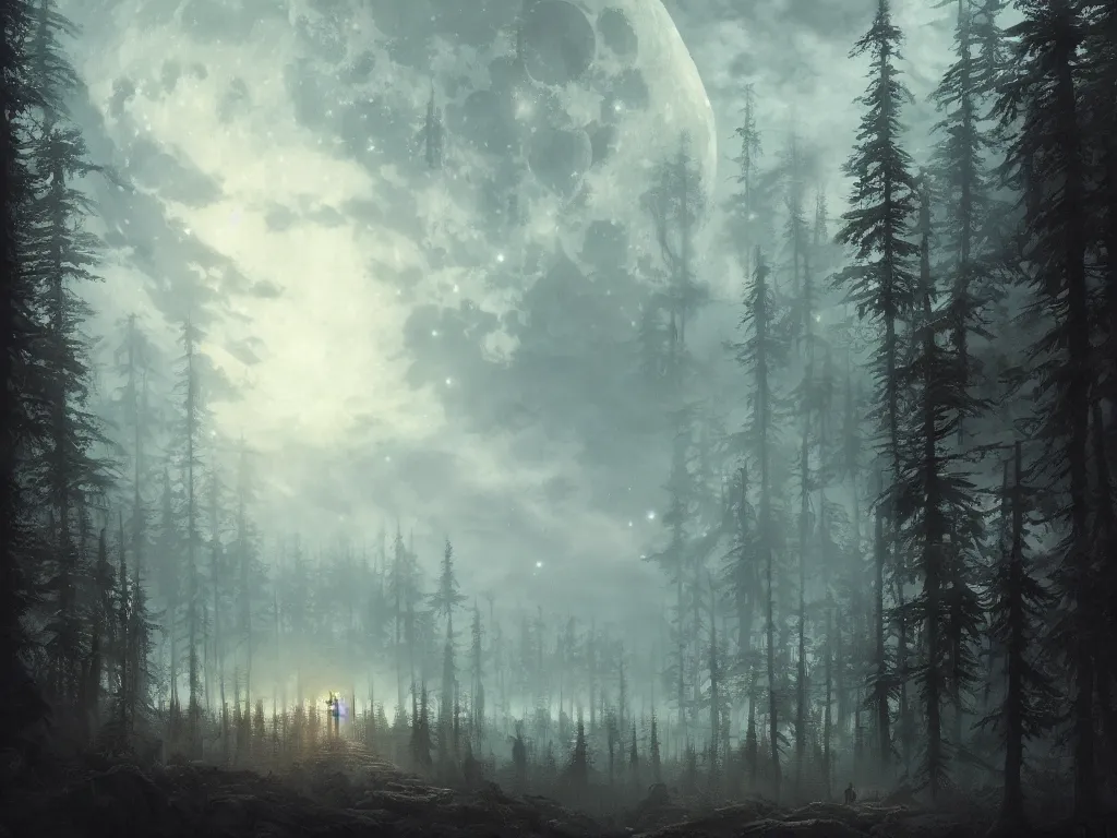 Image similar to A highly detailed matte painting of the doomsday at night, moon, forest, by Studio Ghibli, Makoto Shinkai, by Artgerm, by WLOP, by Greg Rutkowski, volumetric lighting, octane render, 4K resolution, trending on artstation, masterpiece