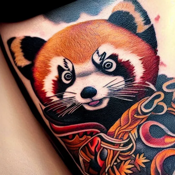 Image similar to “neotraditional tattoo of a red panda in xiaolin monk robes, digital art, tattoo art, highly detailed, hiperrealistic, photorealistic, 4k UHD, Zoltán Szente”