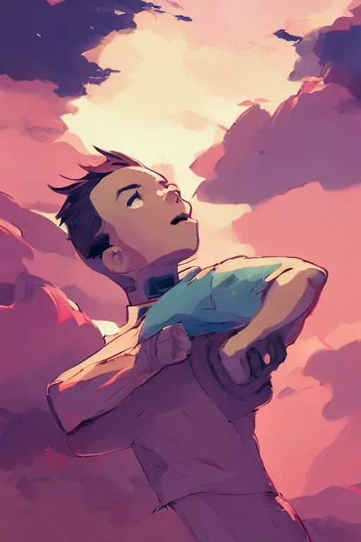 Image similar to a boy looking up into the sky seeing an anxious reflection of himself behance hd artstation by jesper ejsing, by rhads, makoto shinkai and lois van baarle, ilya kuvshinov, ossdraws, that looks like it is from borderlands and by feng zhu and loish and laurie greasley, victo ngai, andreas rocha