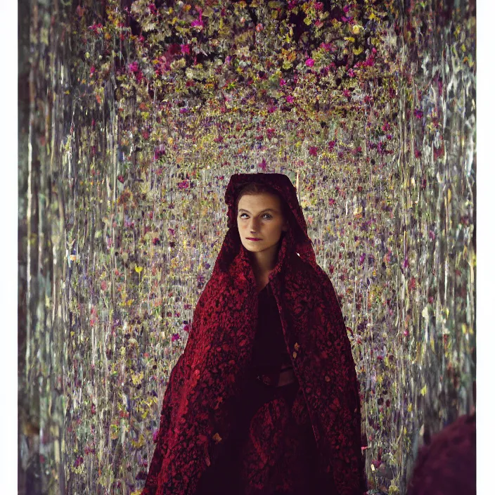 Image similar to closeup portrait of a woman with a cloak made of lace and flowers, standing in a hall of mirrors, by Annie Leibovitz and Steve McCurry, natural light, detailed face, CANON Eos C300, ƒ1.8, 35mm, 8K, medium-format print