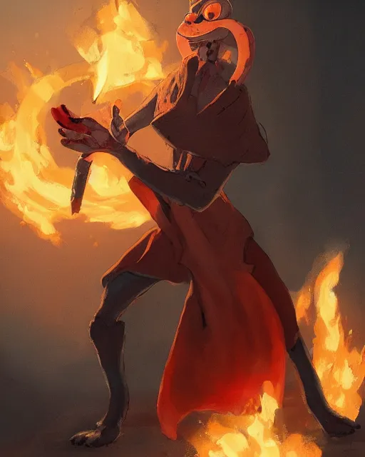 Image similar to squidward with [ [ [ [ [ [ four legs ] ] ] ] ] ] wearing fire nation clothing and practicing firebending outside at susnset, [ greg rutkowski ]