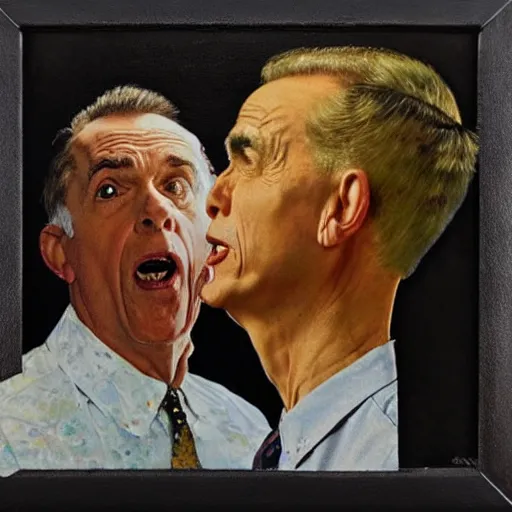 Image similar to an oil painting of two gentlemen arguing , by Norman Rockwell, mashup collage distorded