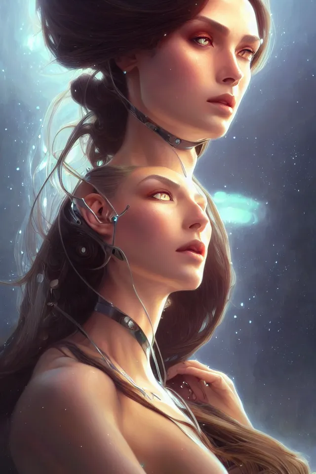 Prompt: futuristic close-up woman portrait, sci-fi, amber eyes, face, long hair, fantasy, intricate, elegant, highly detailed, digital painting, artstation, concept art, smooth, sharp focus, illustration, art by artgerm and greg rutkowski and alphonse mucha