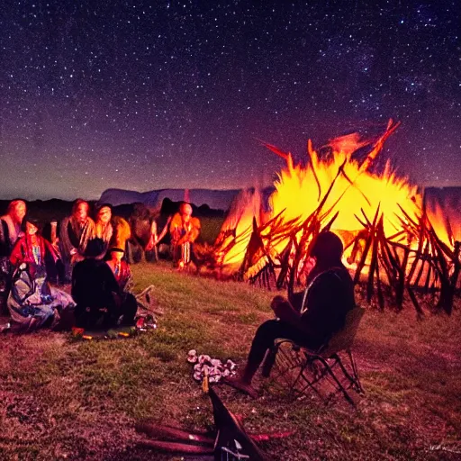 Image similar to native american indian pow wow at campfire under cosmic sky, epic award winning photographic still