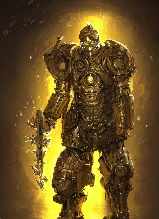 Image similar to dynamic portrait of a intricate glorious holy mechanical warforged character in yellow armor holding a paladin engraved great longsword and carrying a big paladin shield, spotlight from face , epic , trending on ArtStation, masterpiece, cinematic lighting, by John Salminen and by Jackson Pollock and by Marc Simonetti