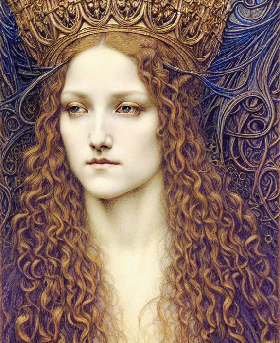 Image similar to detailed realistic beautiful young medieval queen face portrait by jean delville, gustave dore and marco mazzoni, art nouveau, symbolist, visionary, gothic, pre - raphaelite. horizontal symmetry