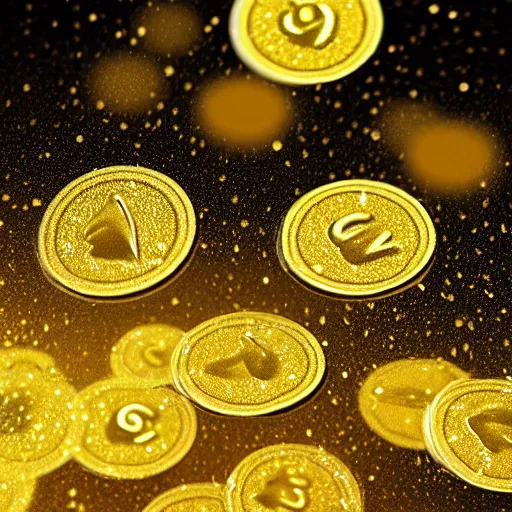 Image similar to Glowing golden coins raining from the sky, elegant digital painting