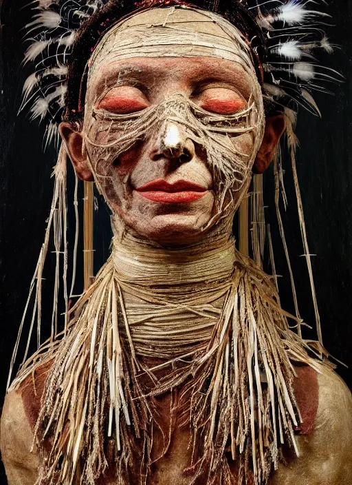 Prompt: a portrait of a mummified woman, ritualistic burial, pagan empress with closed eyes, decorated with beads and feathers and twigs, cobwebs, photorealistic, beautiful hyper realistic painting, detailed portrait