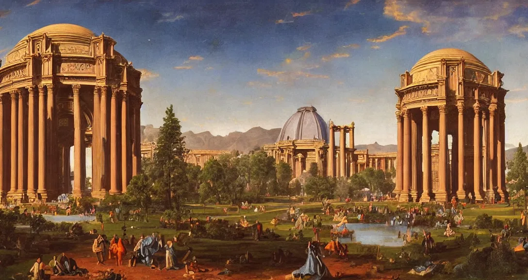 Image similar to the san francisco palace of fine arts during the intergalactic futuristic fair, romantic era painting, majestic