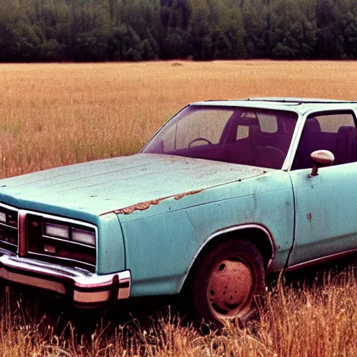Prompt: A photograph of a rusty, worn out, broken down, beater 1976 Powder Blue Dodge Aspen in a farm field, photo taken in 1989