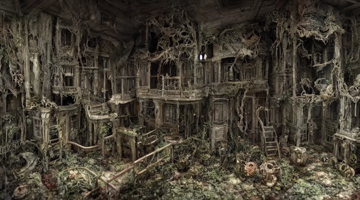 Image similar to incredible Lori nix diorama of a singular haunted house designed by hr giger, on display, spooky museum lighting, 3d high poly render with octane an cryengine, 8k post-processed Fuji film LUT