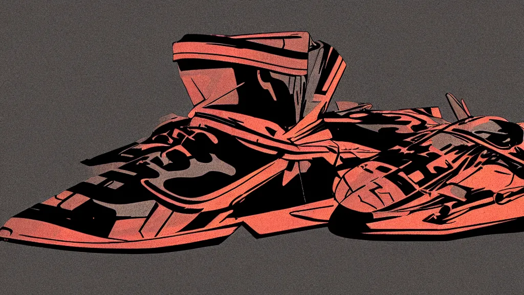 Image similar to sneaker with elements of plane f-18 in the style of cyberpunk noir art deco