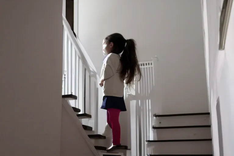 Prompt: a girl standing at the top of stairs in a house, looking at the ghost of a man at the bottom