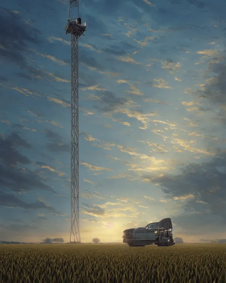 Prompt: wide shot of a tall and thin greebled structure hovering in the air 6 feet above a cornfield, late afternoon, golden hour, dramatic lighting, cinematic, highly detailed, smooth, sharp focus, concept art by greg rutkowski and artgerm and syd mead