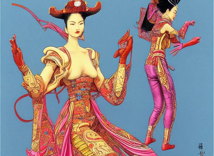 Image similar to powerful chinese empress, full body, high fashion, futurism, aerodynamic, feminine, oriental, intricate, slick, highly detailed, digital painting, vogue, concept art, smooth, sharp focus, hd, art by jean giraud and moebius and annie leibovitz