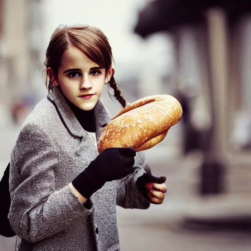 Prompt: photo of teenage emma watson as schoolgirl, holding string bag with bagels, street of moscow, shallow depth of field, cinematic, 8 0 mm, f 1. 8