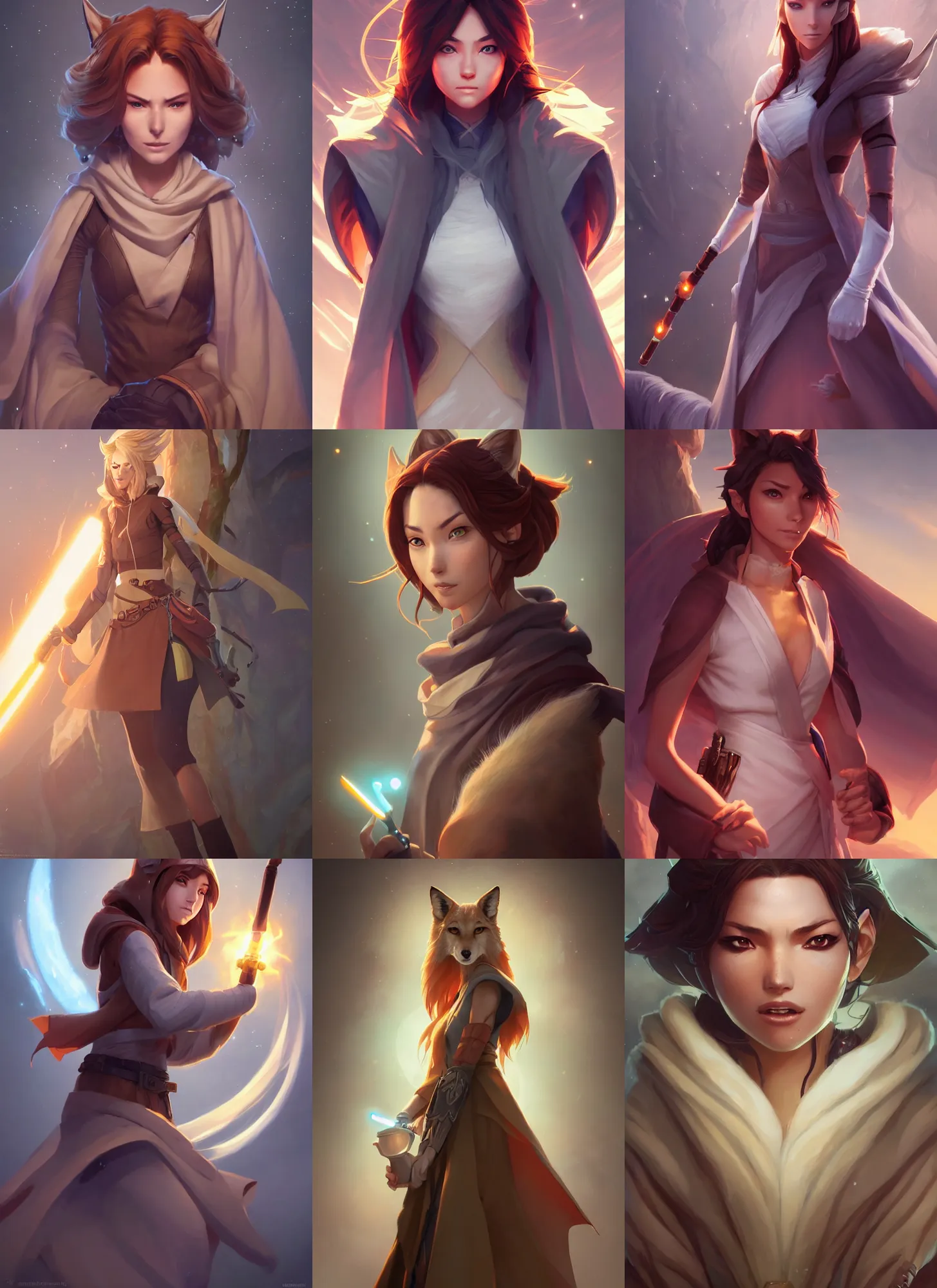 Prompt: beautiful portrait of a female anthropomorphic coyote wearing jedi robes. character design by charlie bowater, ross tran, artgerm, and makoto shinkai, detailed, soft lighting, rendered in octane