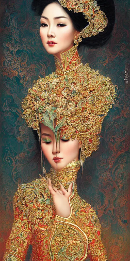 Prompt: portrait of a beautiful vietnamese woman wearing vietnamese ao dai, intricate, detailed, symmetric face, by wlop and karol bak