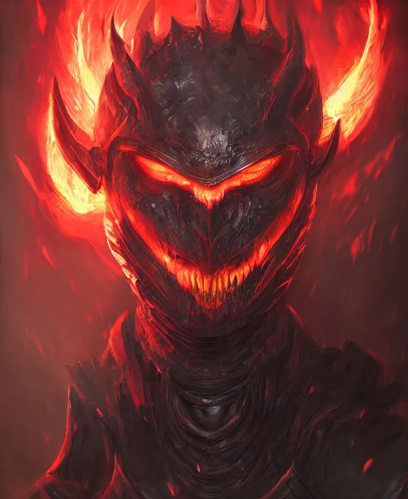 Prompt: a detailed portrait of a menacing armoured dark lord with glowing red eyes and a crown of fire by Tyler Edlin and Moebius, 4k resolution, photorealistic