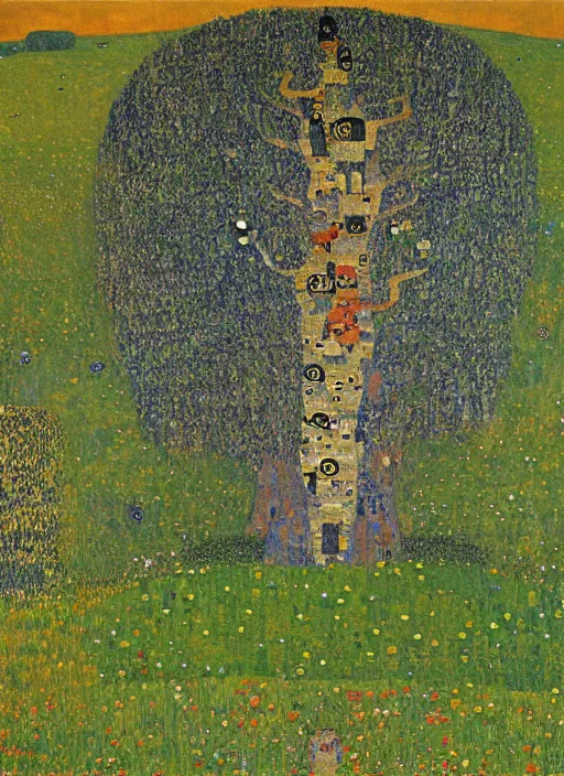 Image similar to a landscape painting of a cognitive optical illusion of trees, with four people in the foreground making extreme dynamic poses painted by gustav klimt