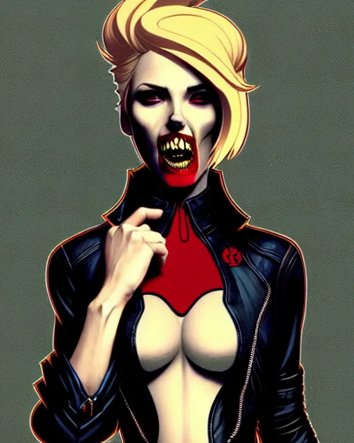 Image similar to rafael albuquerque comic art, art nouveau, peter mohrbacher, artgerm, pretty scarlett johansson vampire sharp vampire teeth open mouth, symmetrical eyes, black leather jacket, jeans, long blonde hair, full body