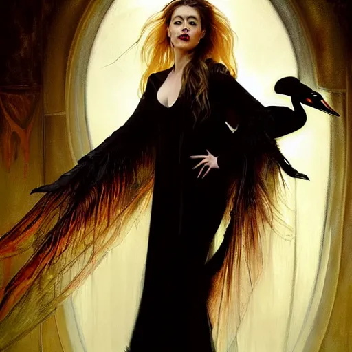 Prompt: hyperrealistic portrait of amber heard as a vampire witch in a black coat with swan feathers and ruby jewellery as a reflection in glass. by jeremy mann and alphonse mucha, fantasy art, photo realistic, dynamic lighting, artstation, poster, volumetric lighting, very detailed faces, 4 k, award winning