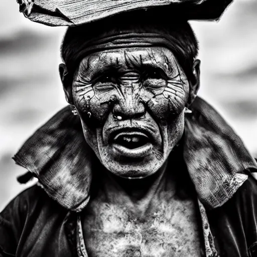 Image similar to steppe people raider elongated cranium protester face style photo black and white wide angle lense