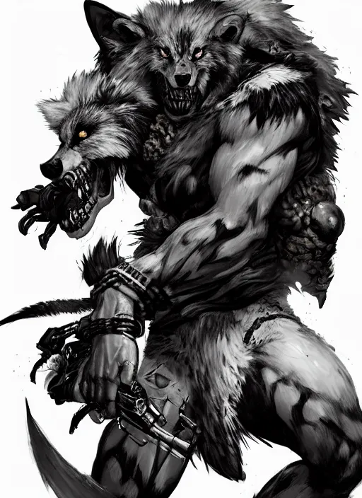 Prompt: Half body portrait of a scary gnoll wolf man with human and animal skulls as attire. In style of Yoji Shinkawa and Hyung-tae Kim, trending on ArtStation, dark fantasy, great composition, concept art, highly detailed.