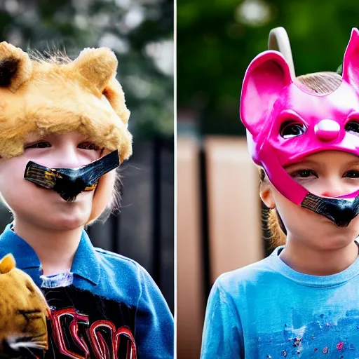 Image similar to photo realistic children on a playground wearing different animal masks,