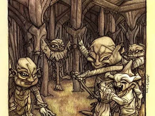 Prompt: goblins in an art gallery by arthur rackham and Tony DiTerlizzi, trending on artstation, detailed