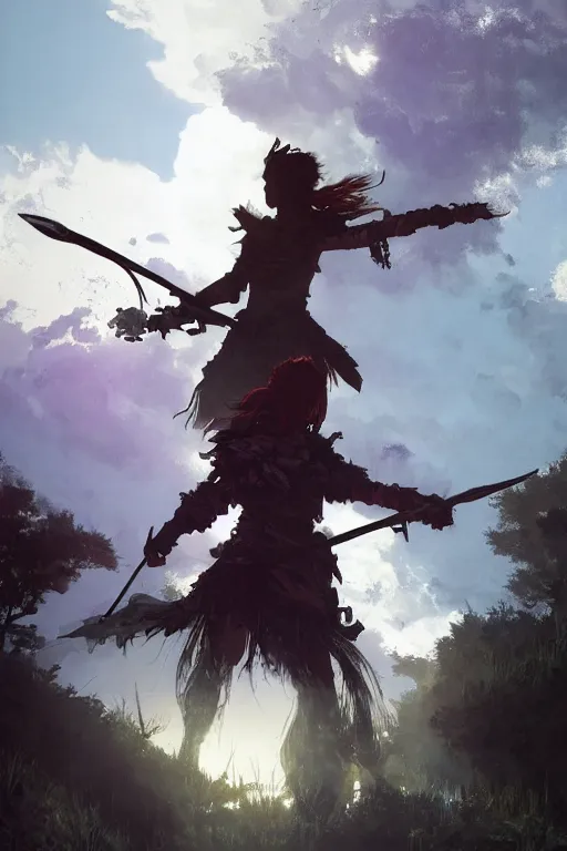 Image similar to !dream Aloy from Horizon Zero Dawn silhoutte, female archer, atmospheric environment, Character Design, demonic presence, Holy Heavenly Host Divine Angelic Army. Beeple, grimshaw, thomas cole, ismail inceoglu, winslow homer, greg rutkowski, gerald brom, marc simonetti, simon stalenhag, anton fadeev, donglu yu