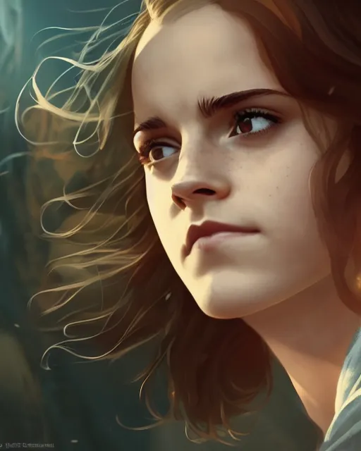 Image similar to Emma Watson as Hermione Granger, magnificent, medium shot, close up, details, sharp focus, elegant, highly detailed, illustration, by Jordan Grimmer and greg rutkowski and PiNe(パイネ) and 薯子Imoko and 香川悠作 and wlop and maya takamura, intricate, beautiful, Trending artstation, pixiv, digital Art