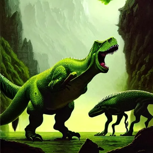 Image similar to A green scaly dinosaur! fighting with several realistic detailed cavemen with proportioned bodies, the cavemen are armed with spears, the caveman are in a fighting stance, the cavemen are wearing animal furs, coarse canvas, visible brushstrokes, intricate, extremely detailed painting by Greg Rutkowski