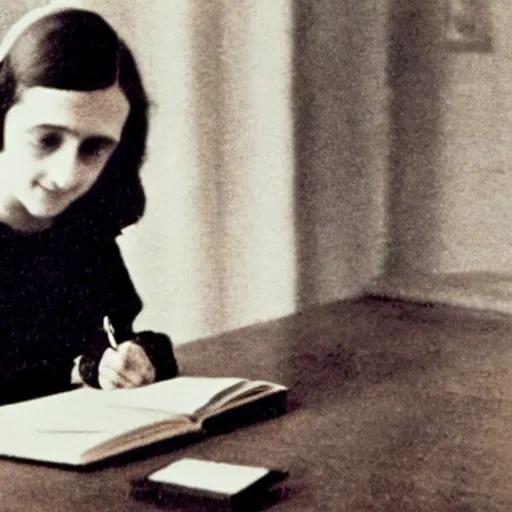 Prompt: A color photograph of Anne Frank writing in her diary