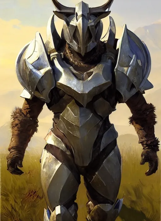 Image similar to Greg Manchess painting of a Wolf Charr from Guild Wars 2 wearing Forerunner Armor from Halo, countryside, calm, fantasy character portrait, dynamic pose, above view, sunny day, artwork by Jeremy Lipkin and Giuseppe Dangelico Pino and Michael Garmash and Rob Rey, very coherent asymmetrical artwork, sharp edges, perfect face, simple form, 100mm