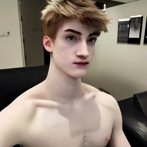 Image similar to “a realistic detailed photo of a guy who is an attractive humanoid who is half robot and half humanoid, who is a male android, twitch streamer Ninja Tyler Blevins, shiny skin, posing like a statue, blank stare, living room, display”